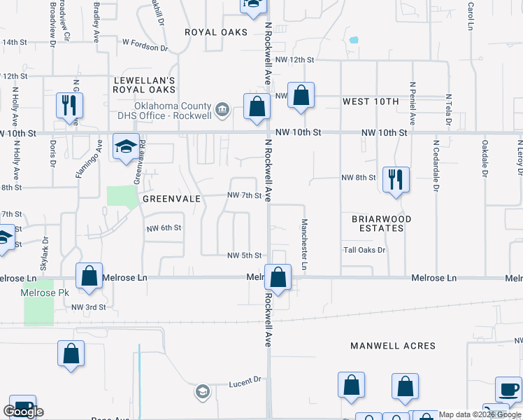 map of restaurants, bars, coffee shops, grocery stores, and more near 715 North Rockwell Avenue in Oklahoma City