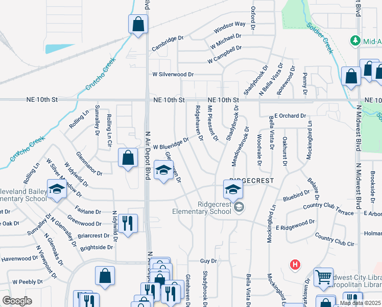 map of restaurants, bars, coffee shops, grocery stores, and more near 3501 Oak Grove Drive in Midwest City