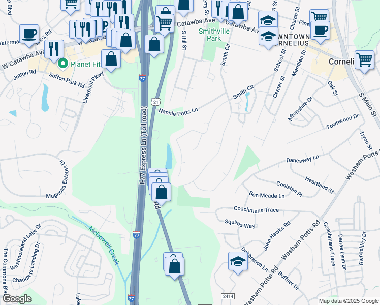 map of restaurants, bars, coffee shops, grocery stores, and more near 19840 Lacebark Drive in Cornelius