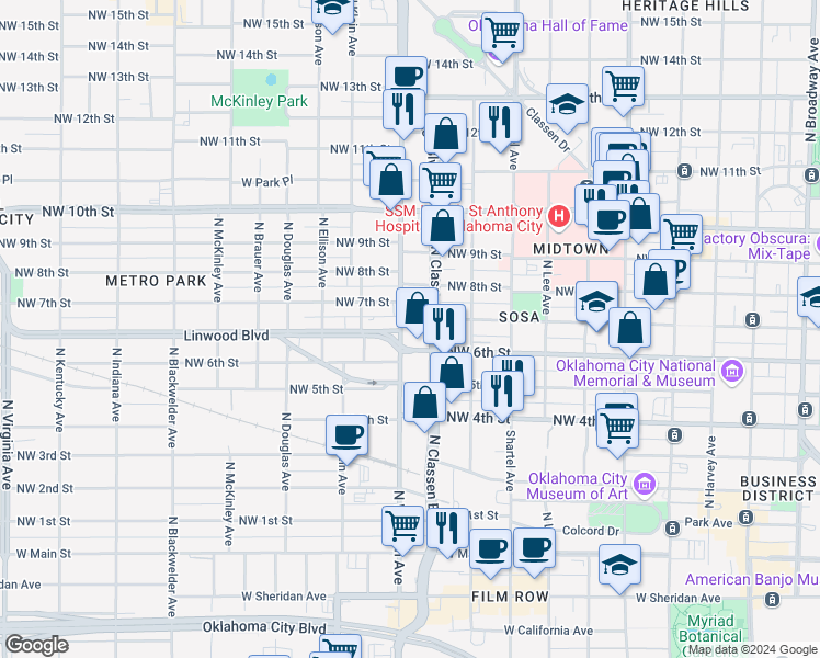 map of restaurants, bars, coffee shops, grocery stores, and more near 720 North Western Avenue in Oklahoma City