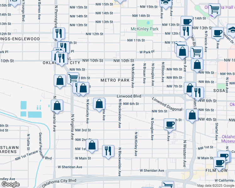 map of restaurants, bars, coffee shops, grocery stores, and more near 1703 Linwood Boulevard in Oklahoma City