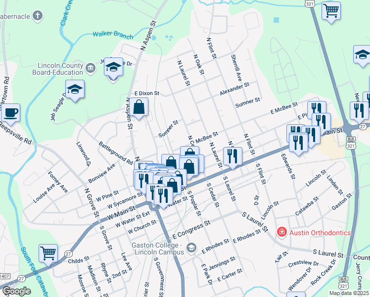 map of restaurants, bars, coffee shops, grocery stores, and more near 322 McBee Street in Lincolnton