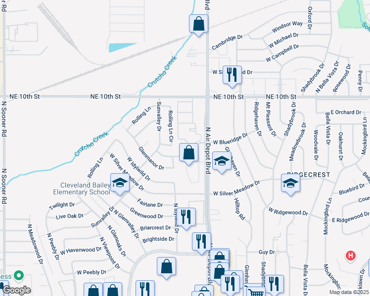 map of restaurants, bars, coffee shops, grocery stores, and more near 615 West Blueridge Drive in Midwest City