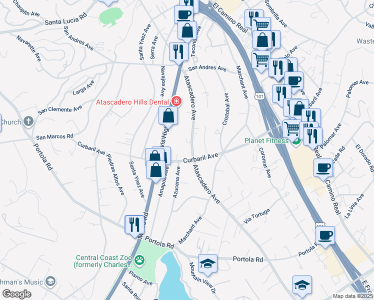map of restaurants, bars, coffee shops, grocery stores, and more near 7860 Atascadero Road in Atascadero