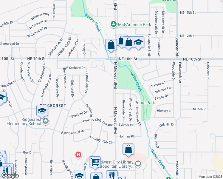 map of restaurants, bars, coffee shops, grocery stores, and more near 907 Leisure Drive in Midwest City