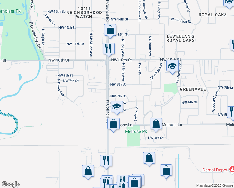 map of restaurants, bars, coffee shops, grocery stores, and more near 7829 Northwest 7th Street in Oklahoma City