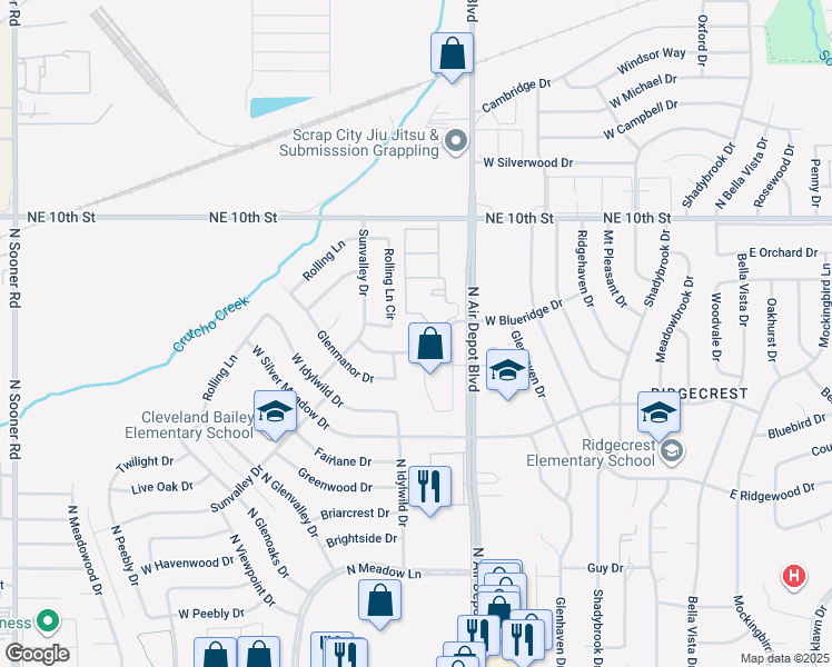 map of restaurants, bars, coffee shops, grocery stores, and more near 615 West West Blueridge Drive in Midwest City