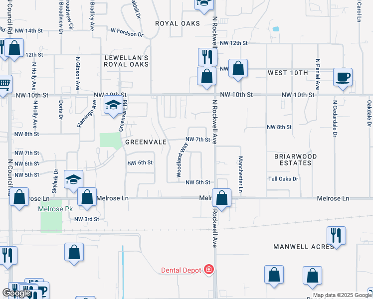 map of restaurants, bars, coffee shops, grocery stores, and more near 701 Woodland Way in Oklahoma City