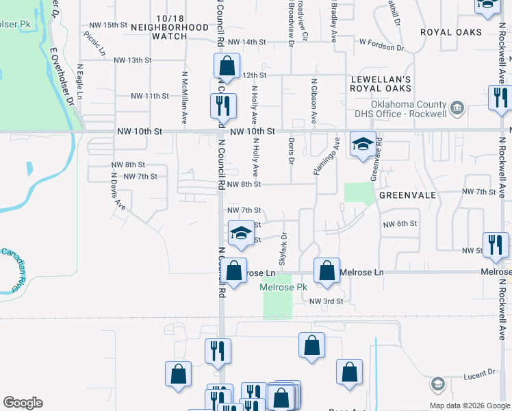 map of restaurants, bars, coffee shops, grocery stores, and more near 7801 Northwest 7th Street in Oklahoma City