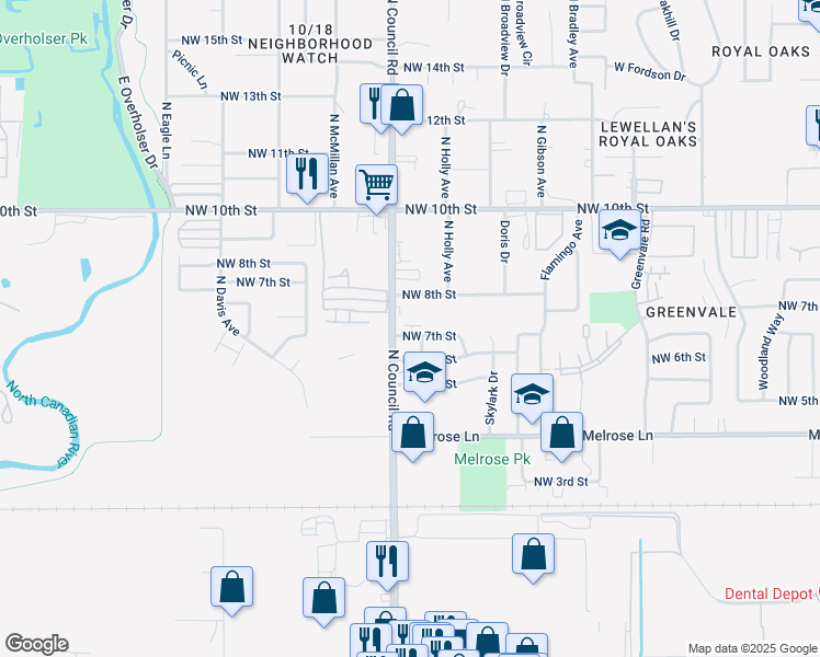 map of restaurants, bars, coffee shops, grocery stores, and more near 7829 Northwest 7th Street in Oklahoma City