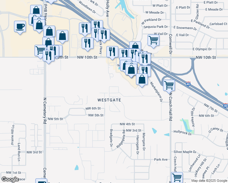 map of restaurants, bars, coffee shops, grocery stores, and more near 12540 Northwest 10th Street in Yukon