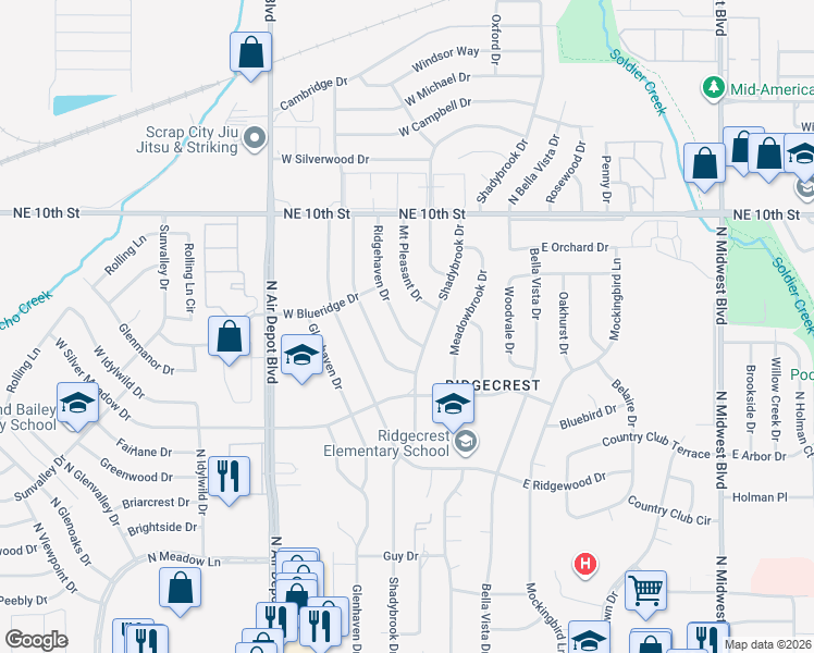 map of restaurants, bars, coffee shops, grocery stores, and more near 3412 Ridgehaven Drive in Midwest City