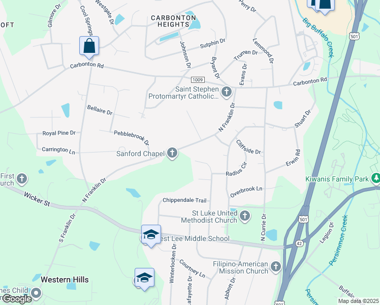 map of restaurants, bars, coffee shops, grocery stores, and more near 700 North Franklin Drive in Sanford