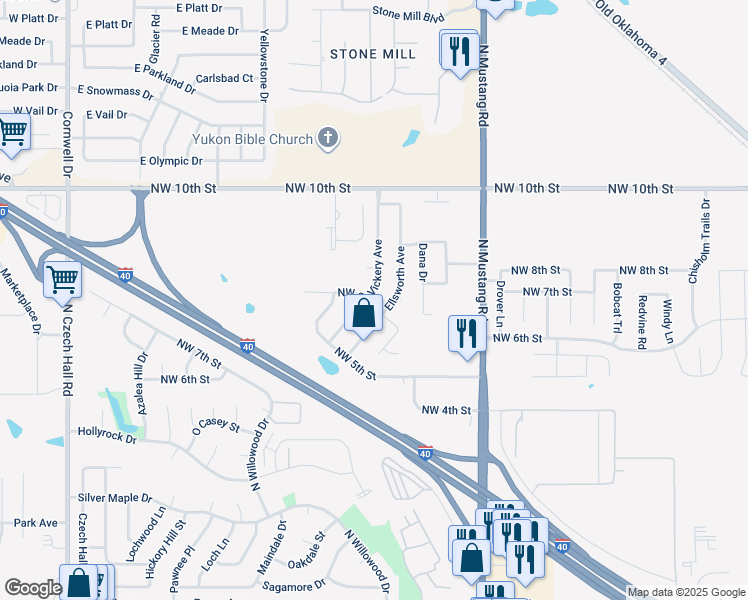 map of restaurants, bars, coffee shops, grocery stores, and more near 700 Vickery Avenue in Yukon