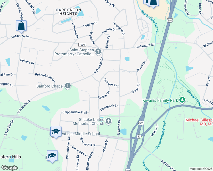 map of restaurants, bars, coffee shops, grocery stores, and more near 2300 Radius Circle in Sanford
