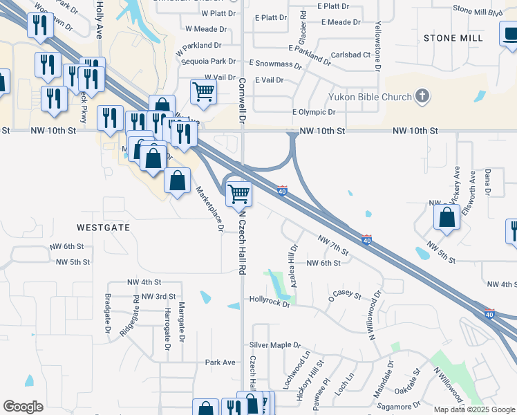 map of restaurants, bars, coffee shops, grocery stores, and more near 12108 Northwest 7th Street in Yukon