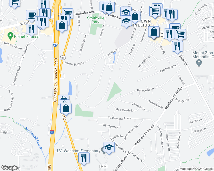 map of restaurants, bars, coffee shops, grocery stores, and more near 21211 Pine Ridge Drive in Cornelius