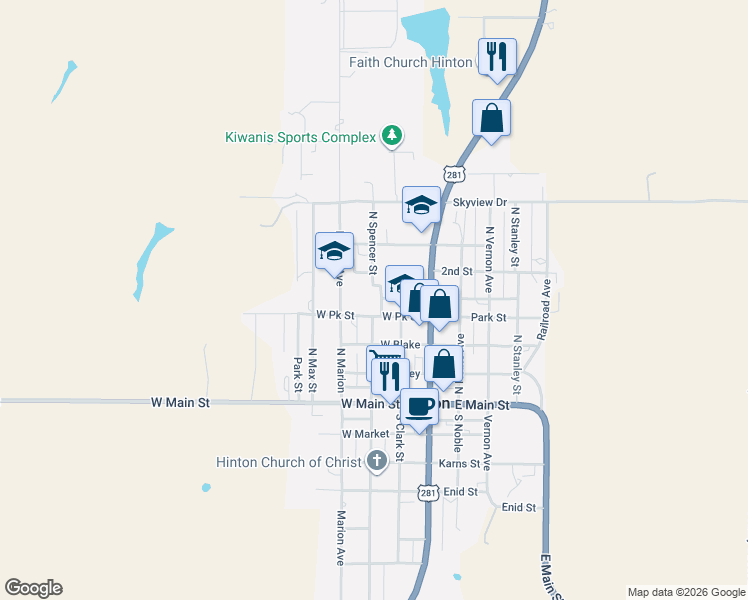 map of restaurants, bars, coffee shops, grocery stores, and more near 200 West Park Street in Hinton
