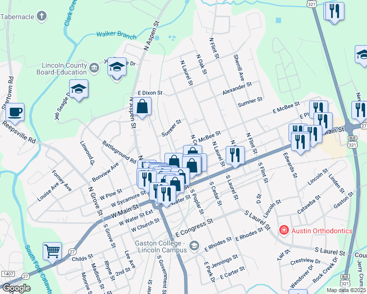 map of restaurants, bars, coffee shops, grocery stores, and more near 322 McBee Street in Lincolnton