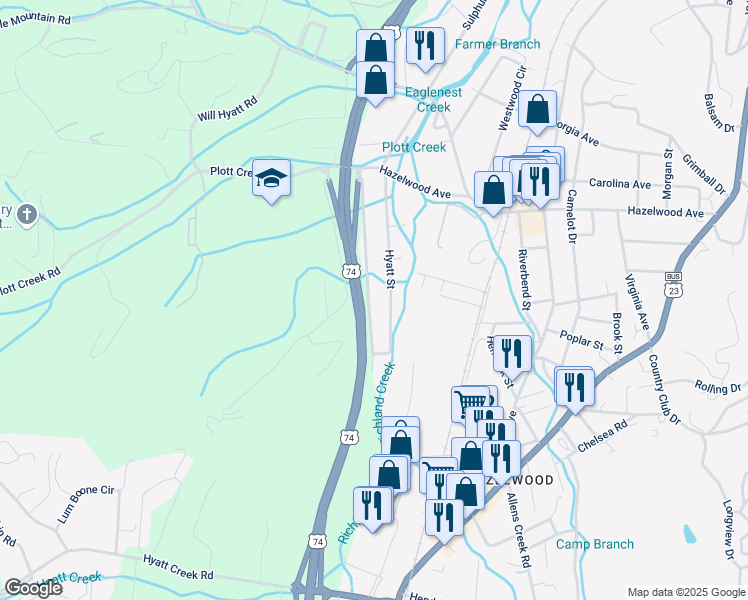 map of restaurants, bars, coffee shops, grocery stores, and more near 293 Tarheel Drive in Waynesville