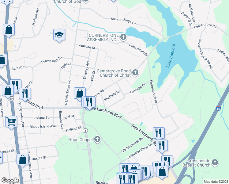 map of restaurants, bars, coffee shops, grocery stores, and more near 2151 Sheffield Drive in Kannapolis