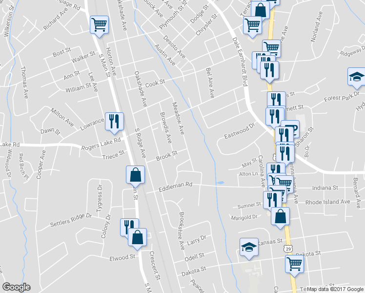 map of restaurants, bars, coffee shops, grocery stores, and more near 317 Brook Street in Kannapolis