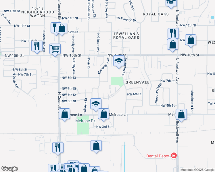 map of restaurants, bars, coffee shops, grocery stores, and more near 7611 Northwest 6th Street in Oklahoma City