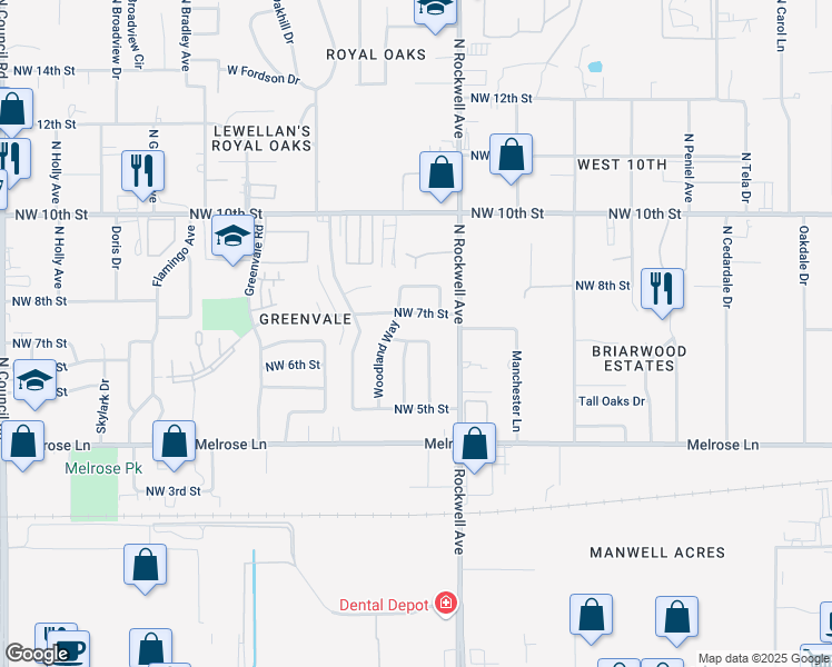 map of restaurants, bars, coffee shops, grocery stores, and more near 7105 Northwest 6th Street in Oklahoma City