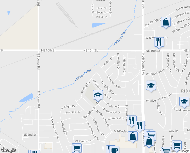 map of restaurants, bars, coffee shops, grocery stores, and more near 3512 Rolling Lane in Midwest City