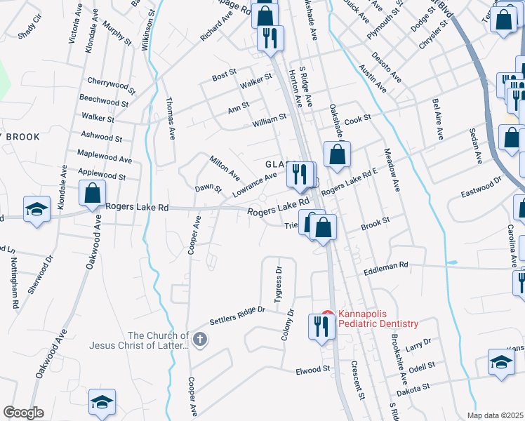 map of restaurants, bars, coffee shops, grocery stores, and more near 300 Rogers Lake Road in Kannapolis