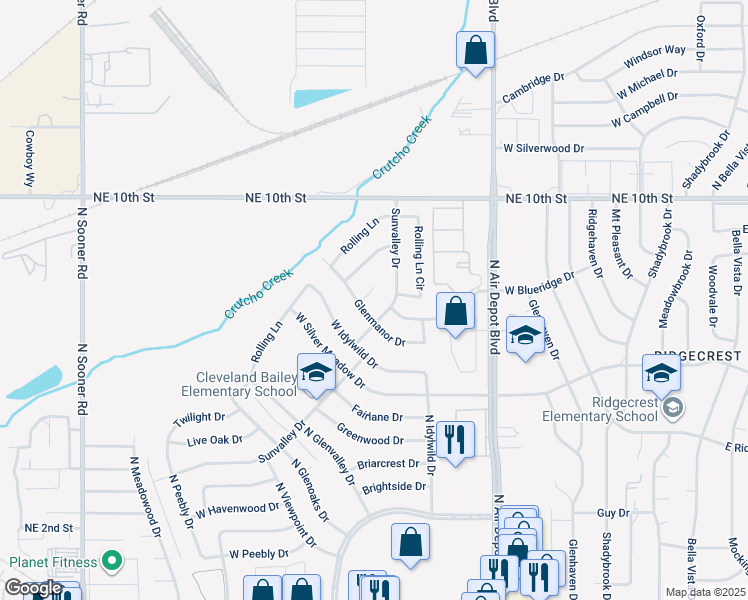 map of restaurants, bars, coffee shops, grocery stores, and more near 3604 Glenmanor Circle in Midwest City