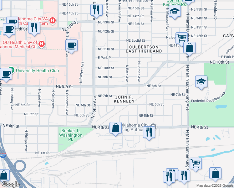 map of restaurants, bars, coffee shops, grocery stores, and more near 1425 Northeast 7th Street in Oklahoma City