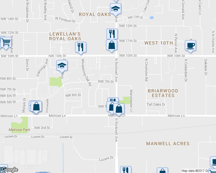 map of restaurants, bars, coffee shops, grocery stores, and more near 7105 Northwest 6th Street in Oklahoma City