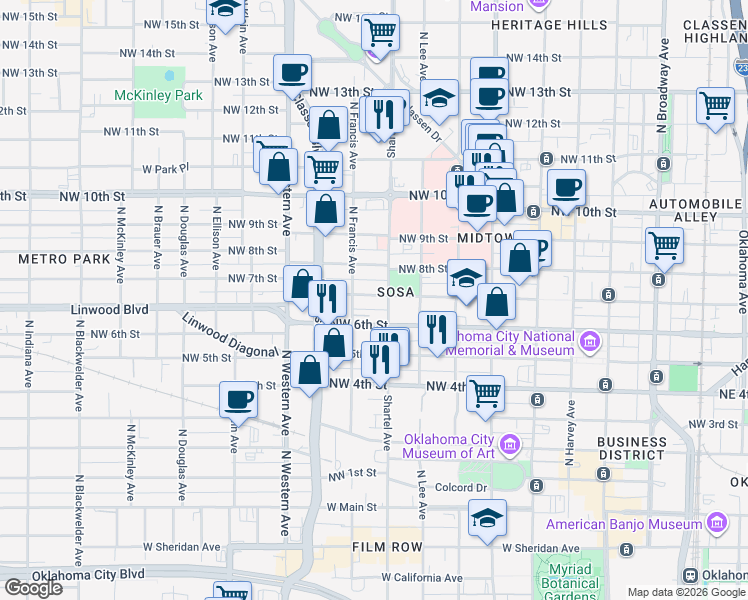 map of restaurants, bars, coffee shops, grocery stores, and more near 832 Northwest 7th Street in Oklahoma City
