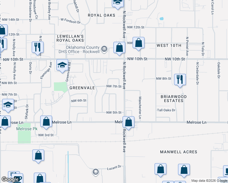 map of restaurants, bars, coffee shops, grocery stores, and more near 7105 Northwest 6th Street in Oklahoma City