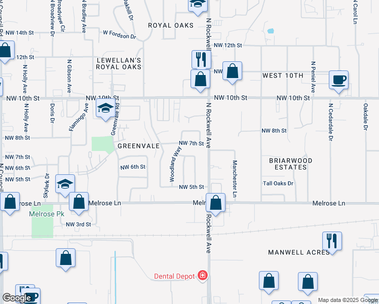 map of restaurants, bars, coffee shops, grocery stores, and more near 7105 Northwest 6th Street in Oklahoma City