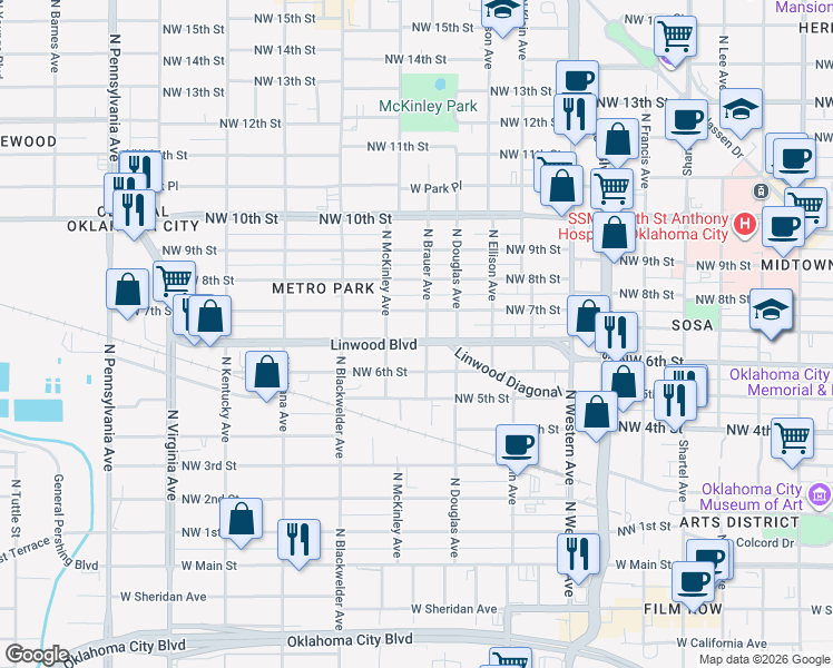 map of restaurants, bars, coffee shops, grocery stores, and more near 1507 Linwood Boulevard in Oklahoma City