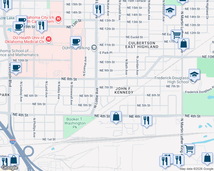 map of restaurants, bars, coffee shops, grocery stores, and more near 1333 Northeast 7th Street in Oklahoma City