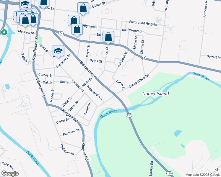 map of restaurants, bars, coffee shops, grocery stores, and more near 1101 Belmont Avenue in Shelbyville