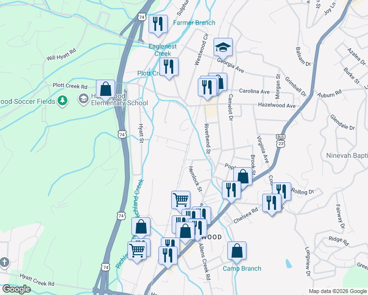 map of restaurants, bars, coffee shops, grocery stores, and more near 16 Railroad Street in Waynesville