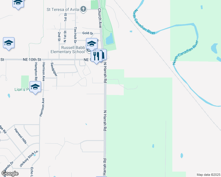 map of restaurants, bars, coffee shops, grocery stores, and more near 880 North Harrah Road in Harrah