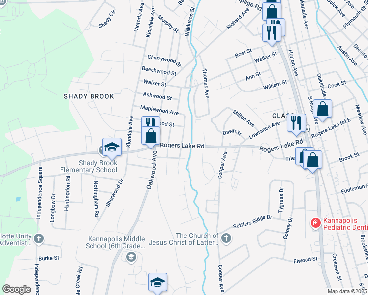 map of restaurants, bars, coffee shops, grocery stores, and more near 623 Rogers Lake Road in Kannapolis