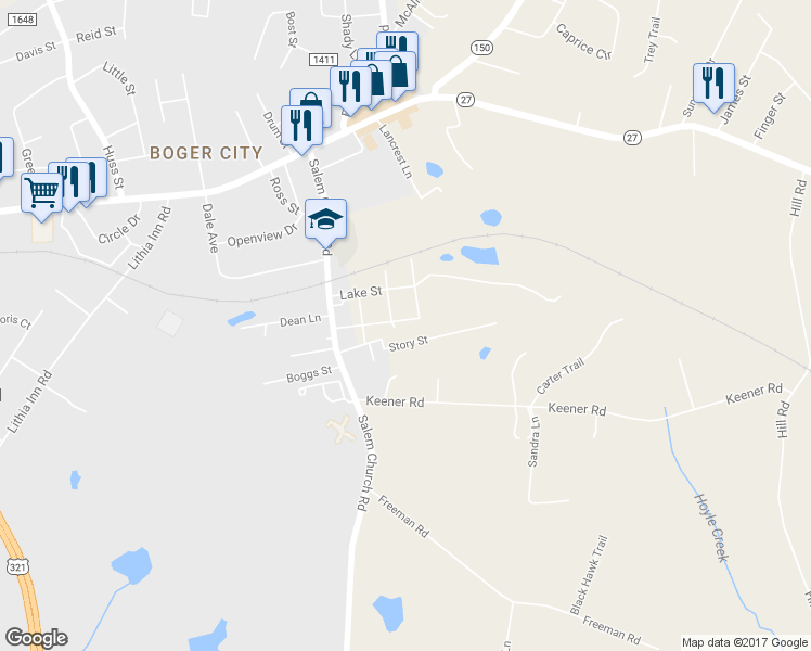 map of restaurants, bars, coffee shops, grocery stores, and more near 2258 Catawba Heights in Lincolnton