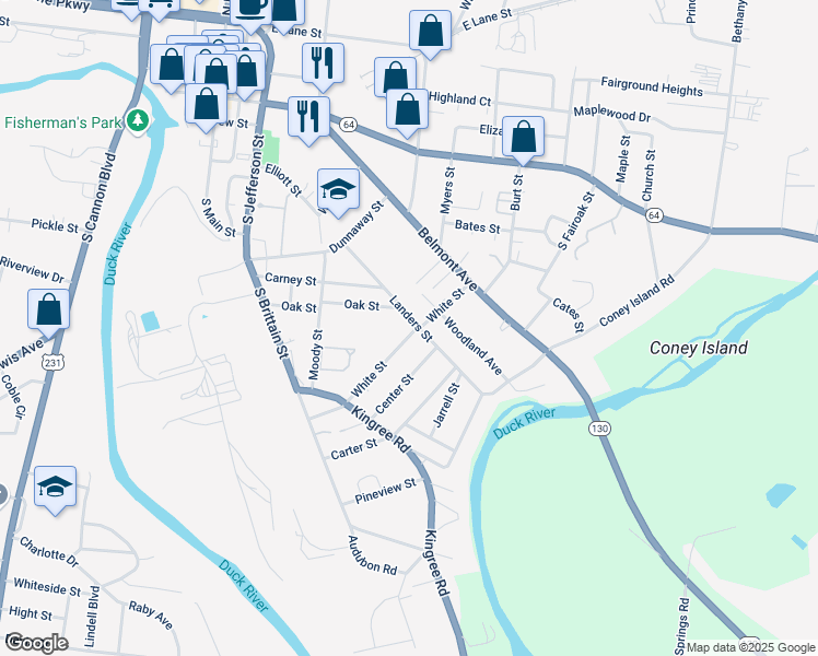 map of restaurants, bars, coffee shops, grocery stores, and more near 335 White St in Shelbyville