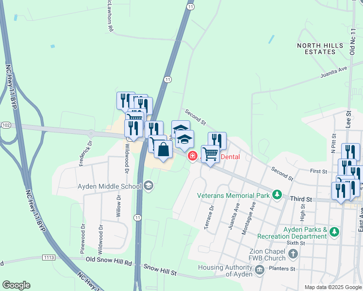 map of restaurants, bars, coffee shops, grocery stores, and more near 187 West 3rd Street in Ayden