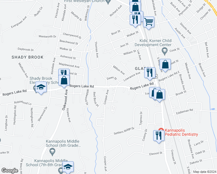 map of restaurants, bars, coffee shops, grocery stores, and more near 510 Rogers Lake Road in Kannapolis