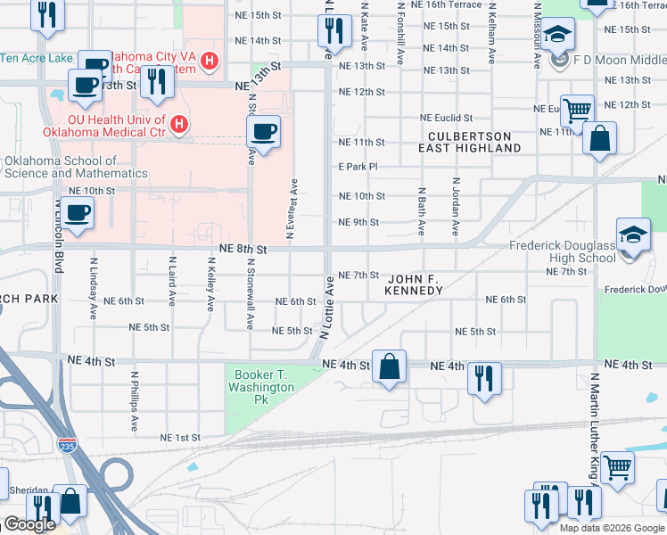 map of restaurants, bars, coffee shops, grocery stores, and more near 1301 Northeast 7th Street in Oklahoma City