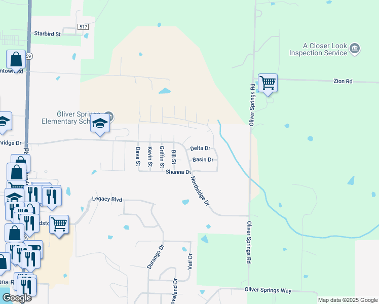 map of restaurants, bars, coffee shops, grocery stores, and more near 1104 Delta Drive in Van Buren