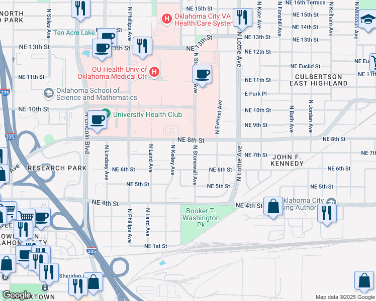map of restaurants, bars, coffee shops, grocery stores, and more near 1027 Northeast 7th Street in Oklahoma City