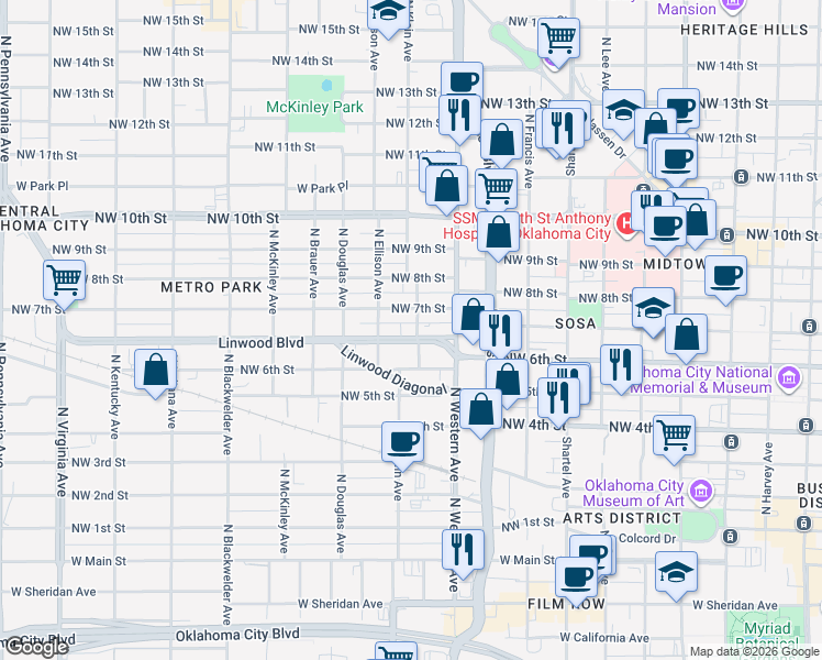 map of restaurants, bars, coffee shops, grocery stores, and more near 1129 Linwood Boulevard in Oklahoma City